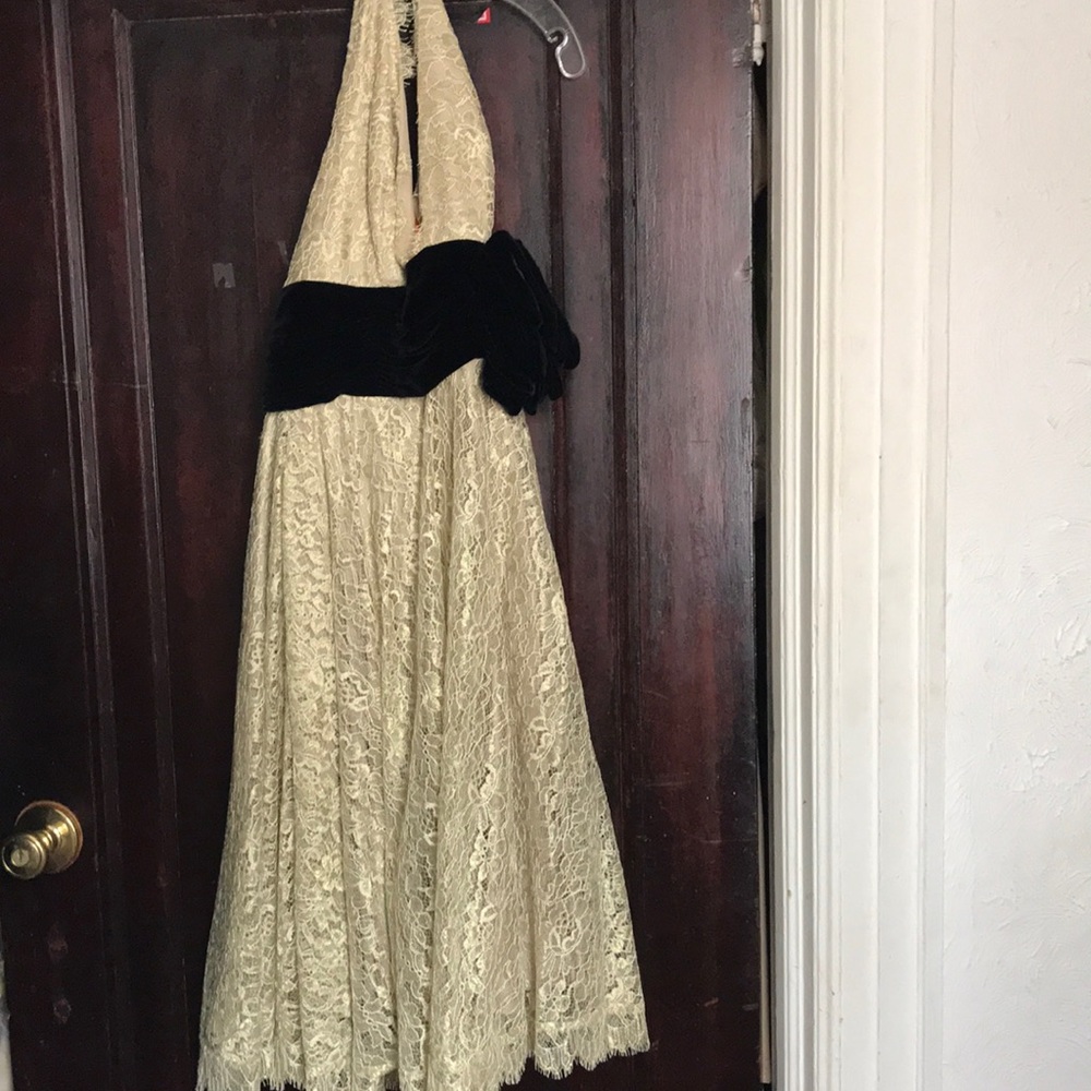 10. New with tags, gold lace-embroidered, halter dress.